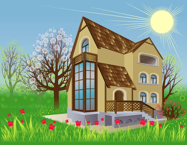 House is in the spring garden — Stock Vector
