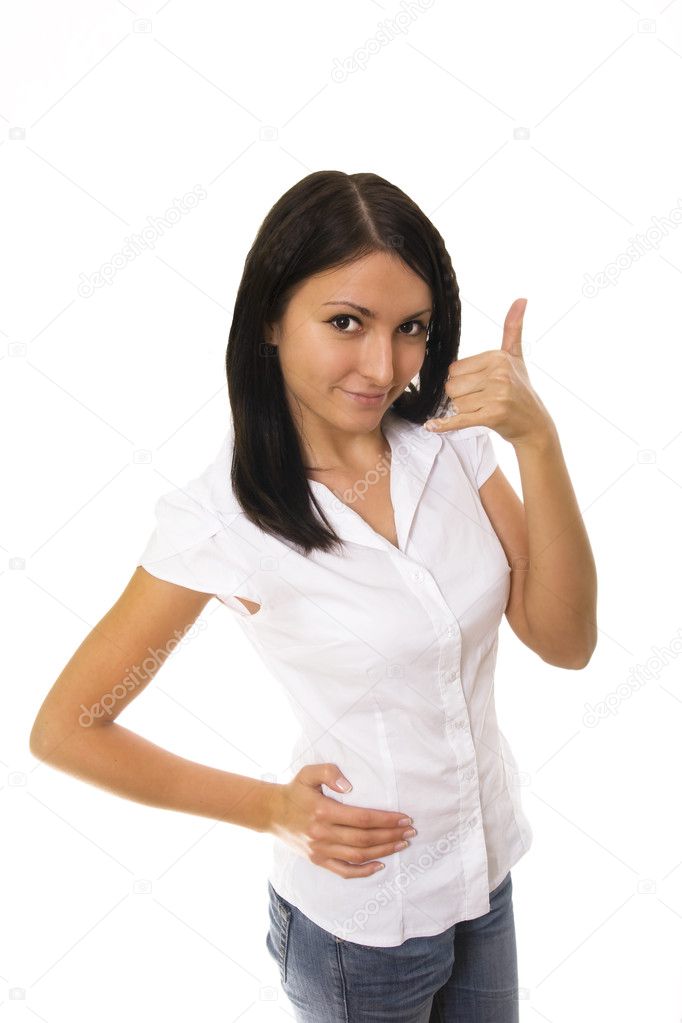 Woman in white background shows call me