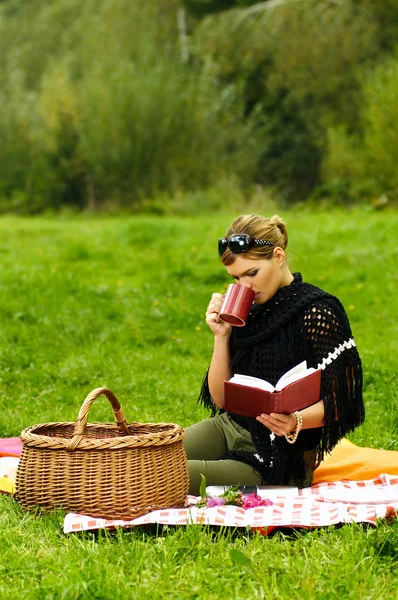 Vrouw op picknick — Stockfoto