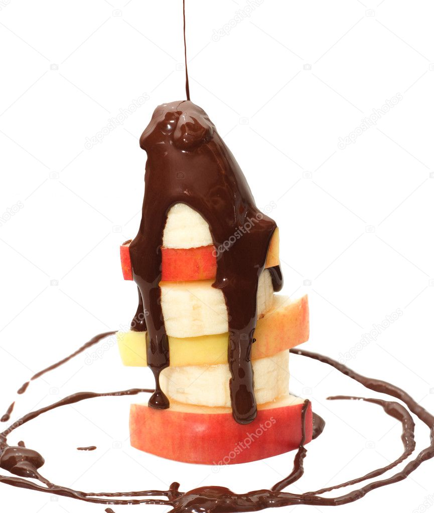 Fruit pyramid watered with chocolate