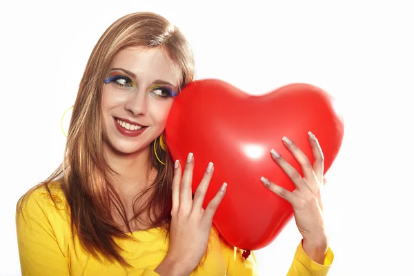 Mulher com coração vermelho Valentim — Fotografia de Stock