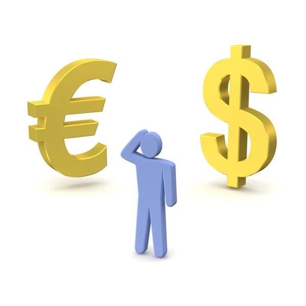 Dólar, euro e pessoa pensante — Fotografia de Stock