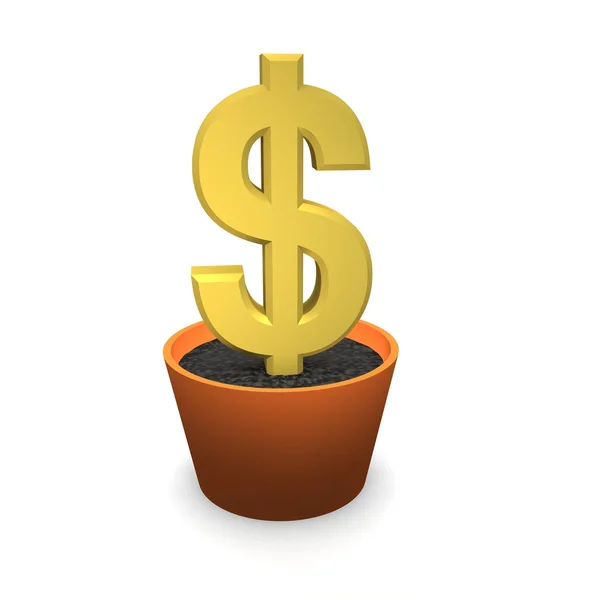 Golden dollar in flower pot — Stock Photo, Image