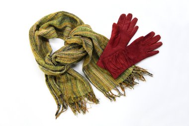 Green cotton scarf with brown gloves clipart