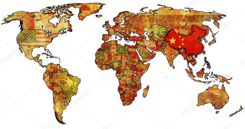 China on isolated old map of world