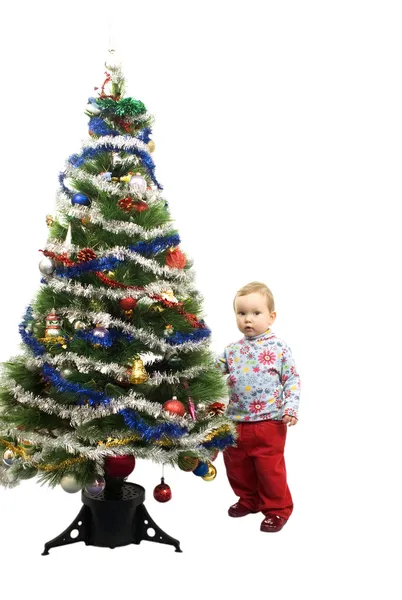 Bébé et arbre de Noël — Photo
