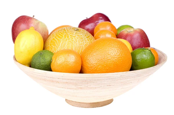 Fresh fruits on wooden bowl isolated — Stock Photo, Image