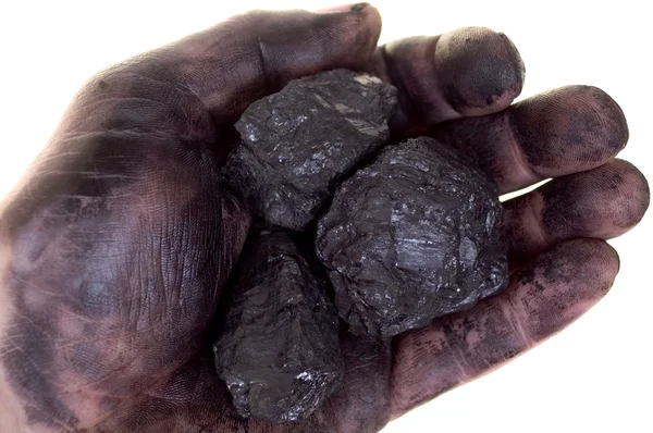 Pieces of coal in dirty palm — Stock Photo, Image