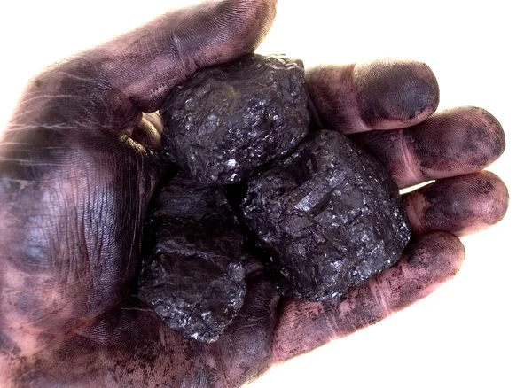 Morceaux de charbon dans la paume sale — Photo