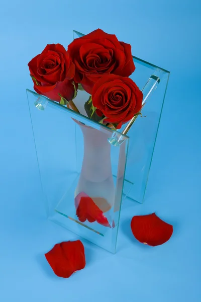 Tre röda rosor i vas — Stockfoto