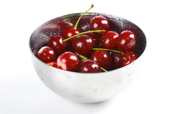 Cherry in the metal bowl — Stock Photo, Image