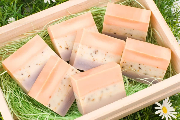 Handmade soap in wooden box as gift — Stock Photo, Image