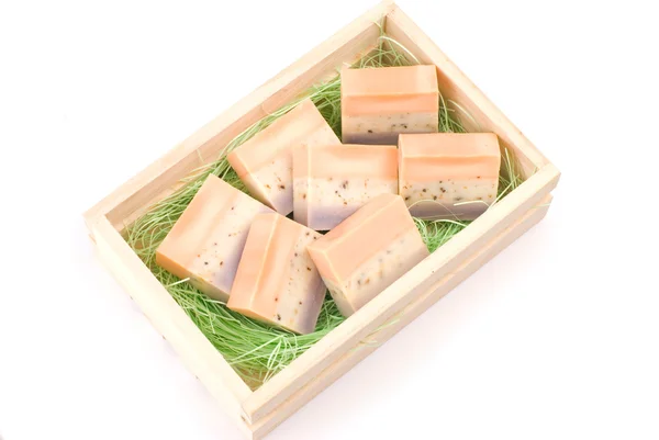 Delicate handmade soap and wooden box — Stock Photo, Image