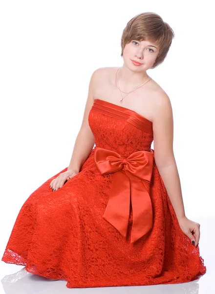 stock image Beautiful teenager in red dress