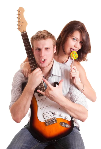 stock image Men with guitar and girl with candy