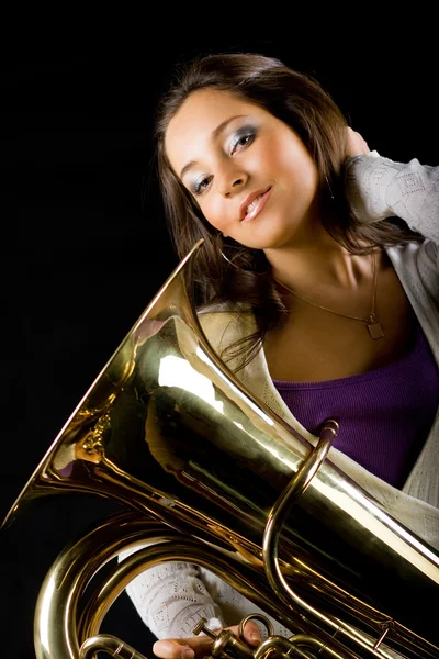 Menina bonita com tuba dois — Fotografia de Stock