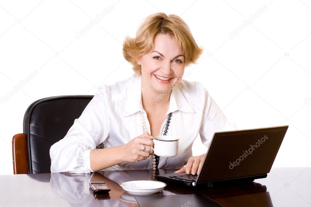 Businesswoman with cup and laptop two