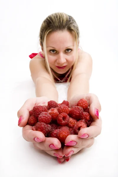 Blonde with raspberries — Stock Photo, Image