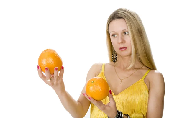 Woman with two oranges — Stock Photo, Image