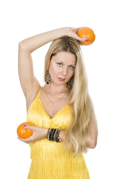 Long hair blonde with two oranges — Stock Photo, Image