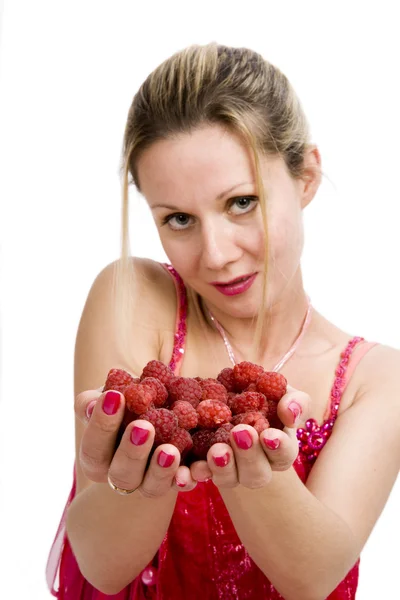 Woman with raspberries — Stock Photo, Image