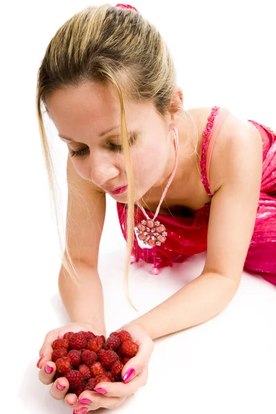 Long hair blonde with raspberries — Stock Photo, Image