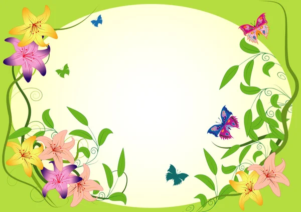 तितली और फूलों के साथ पृष्ठभूमि — स्टॉक वेक्टर