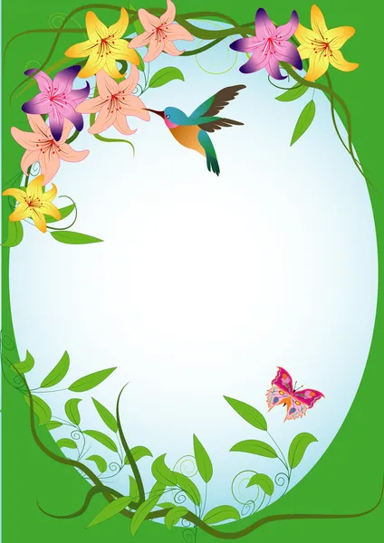 Background with hummingbird and flowers — Stock Vector