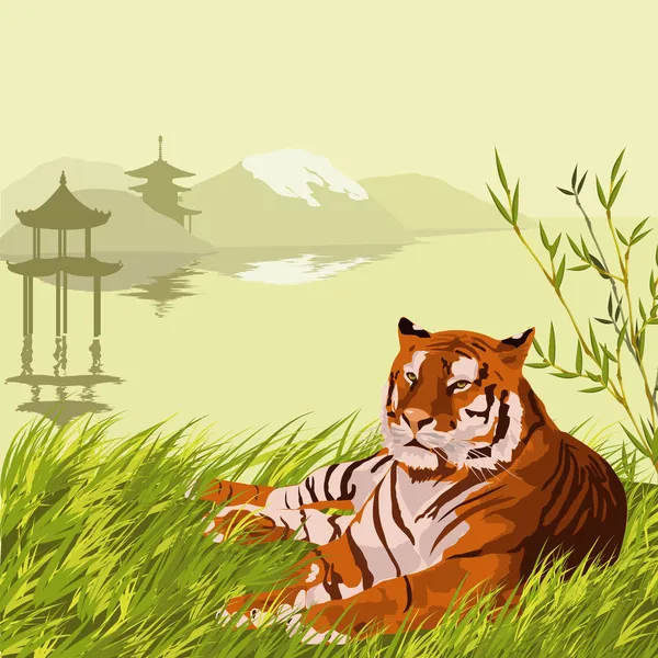 Tiger und Pagode — Stockvektor