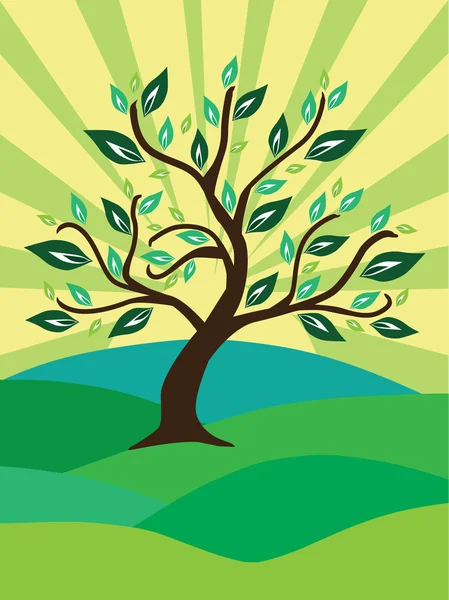 Árbol, sol y campo — Vector de stock