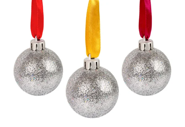 Christmas silver balls with ribbons — Stock Photo, Image