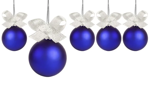 Blue christmas balls with silver ribbons — Stock fotografie