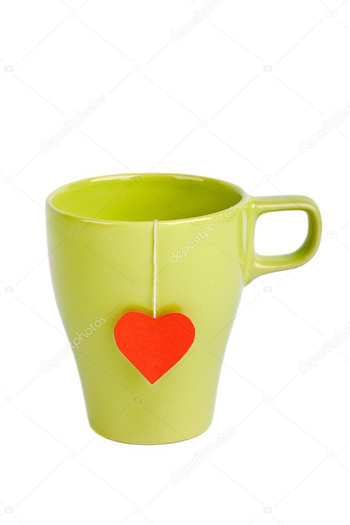 Tea bag with red heart-shaped label