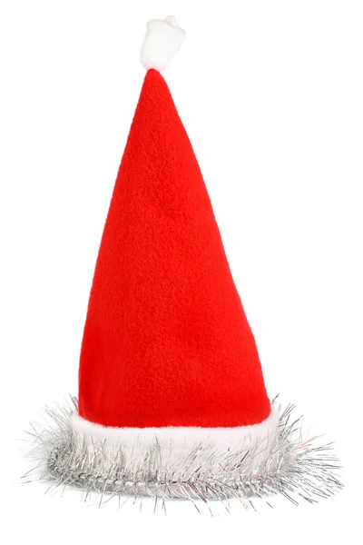 Chapéu vermelho de Papai Noel com ouropel de prata — Fotografia de Stock