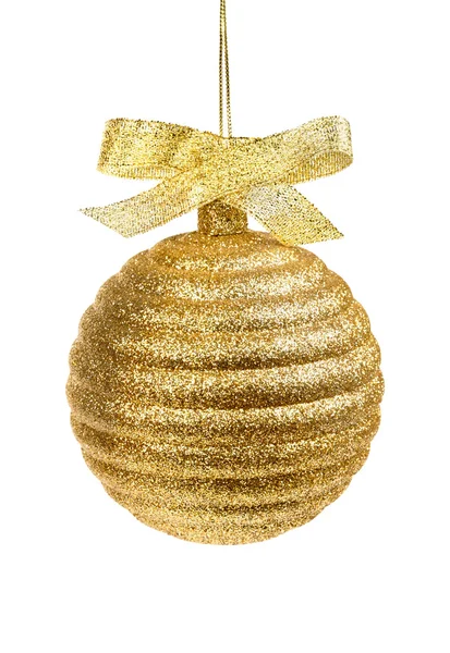 Golden christmas ball with ribbon — Stock Photo, Image