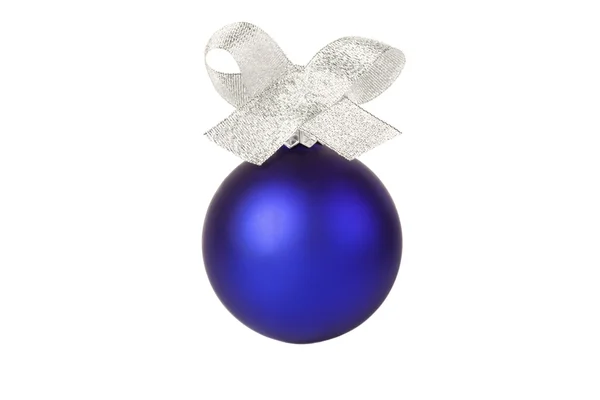 Blue christmas ball with silver ribbon — Stock Photo, Image