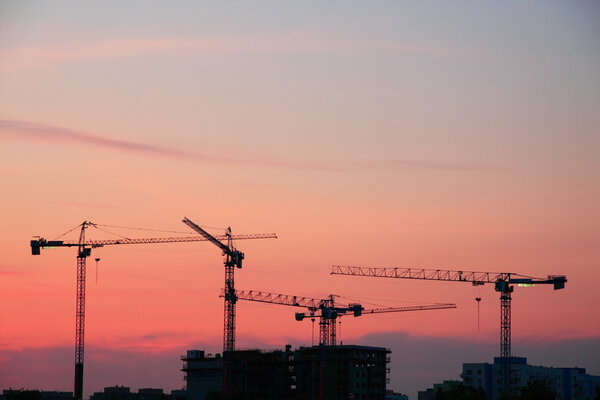 Construction cranes in sunset