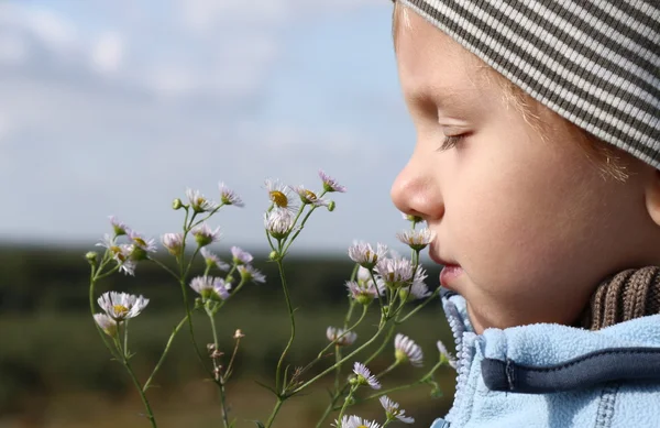 Young boy smelling autumnal flower — Stock Photo, Image