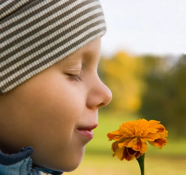 Мальчик нюхает цветок осенью — стоковое фото