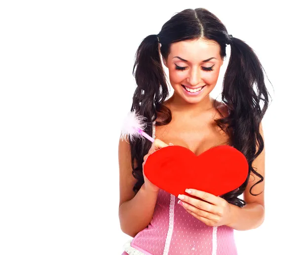 Chica con una tarjeta de San Valentín Fotos de stock libres de derechos