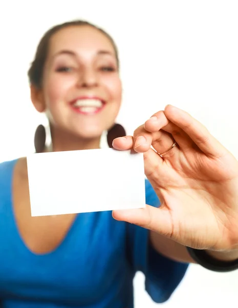 Businesswoman with a business card — Stock Photo, Image