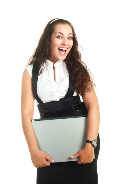 Γυναίκα που κρατά ένα φορητό υπολογιστή — Φωτογραφία Αρχείου