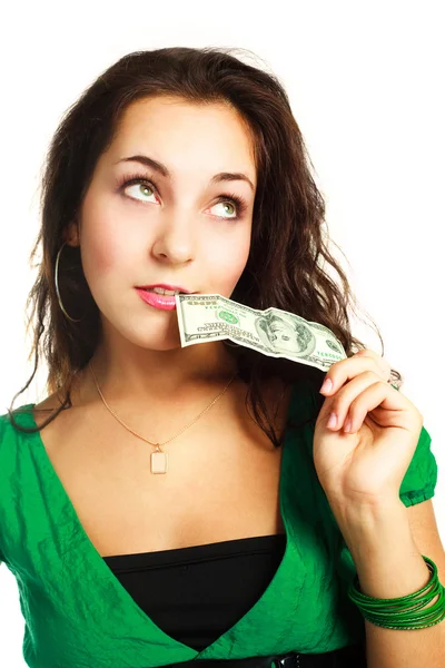 Frau mit einem nudred dollar — Stockfoto
