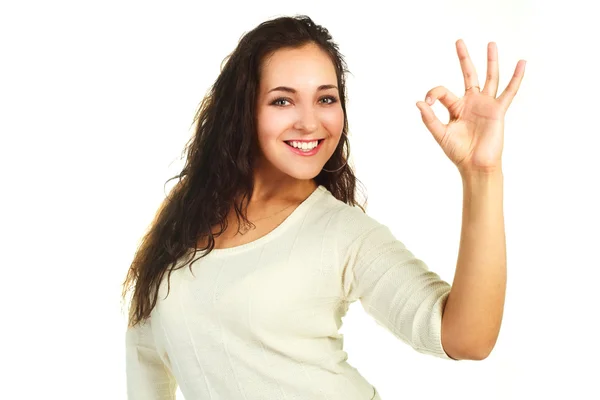 Žena ukazující ok znamení — Stock fotografie