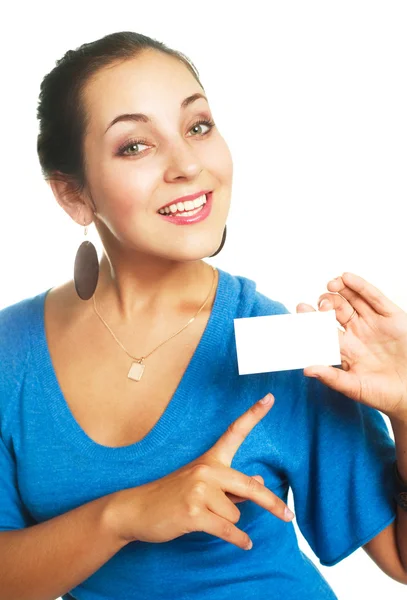 Mulher mostrando um cartão de visita — Fotografia de Stock