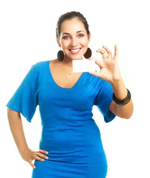 Mujer mostrando una tarjeta de visita — Foto de Stock