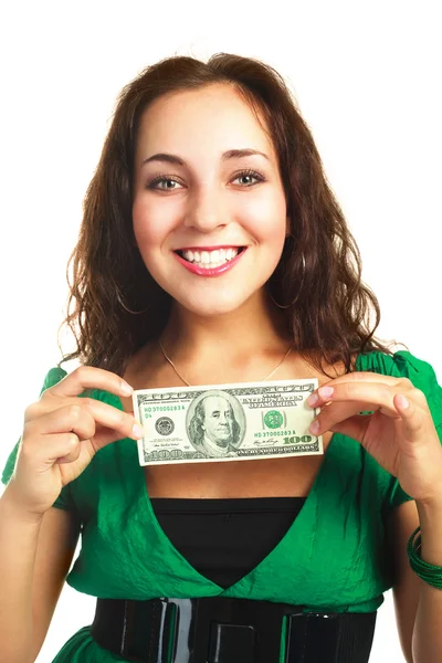 Woman with one hundred dollars — Stock Photo, Image