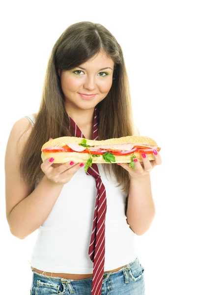 Pretty gril with a sandwitch — Stock Photo, Image
