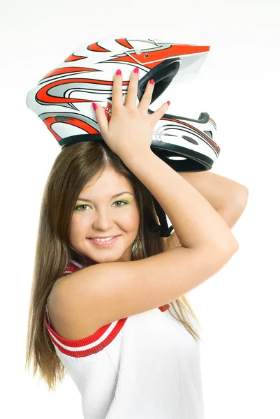 Mujer poniéndose un casco de moto — Foto de Stock