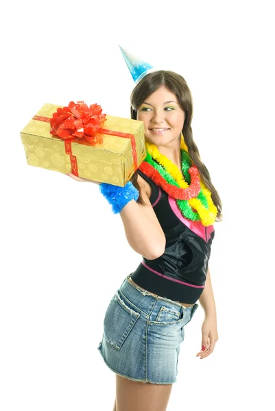 Glad tjej med en present — Stockfoto